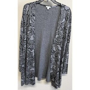 J. Jill Open Front Knit Cardigan Gray Black Paisley Print Women's Size M